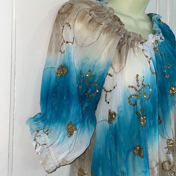 Peter Nygard turquoise & tan polyester blouse with gold spangles & embroidery - Picture 5 of 9